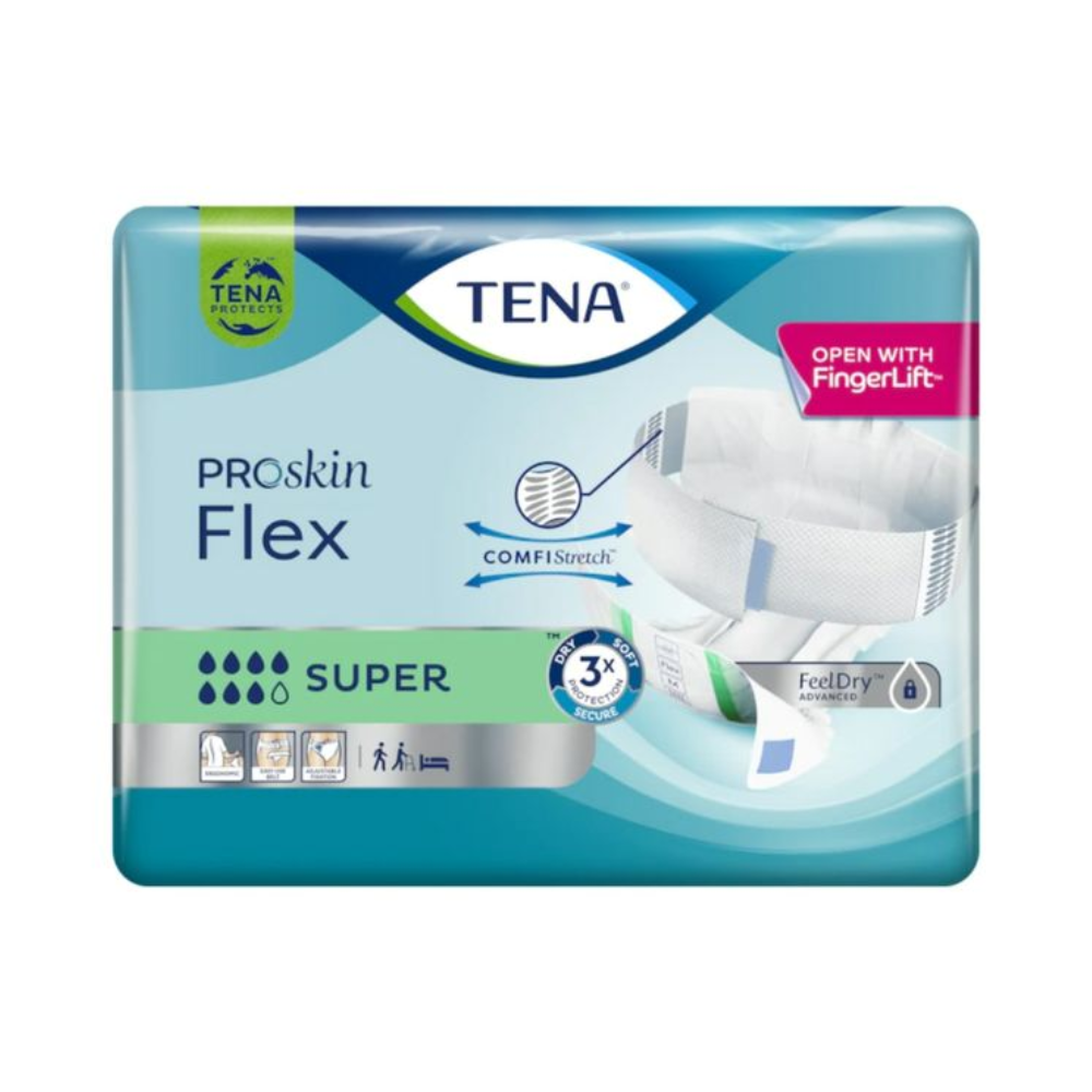 En förpackning TENA Flex Super inkontinensskydd med midjebälte från TENA - Essity Germany GmbH, med ComfiStretch och säker midjebälte. Förpackningen utrustad med FeelDry-teknologi visar symboler som framhäver produktens egenskaper och innehåller ett diagram över inkontinensskyddet.