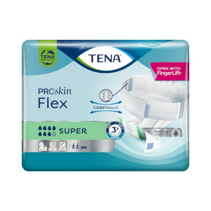 En förpackning TENA Flex Super inkontinensskydd med midjebälte från TENA - Essity Germany GmbH, med ComfiStretch och säker midjebälte. Förpackningen utrustad med FeelDry-teknologi visar symboler som framhäver produktens egenskaper och innehåller ett diagram över inkontinensskyddet.