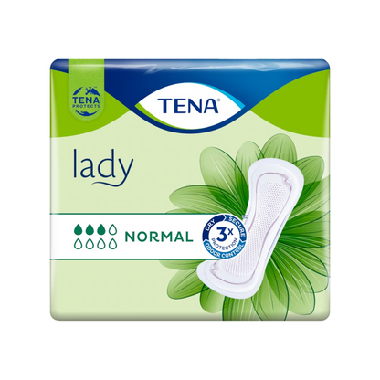 TENA Lady Normal trosskydd | Förpackning (30 stycken) från TENA - Essity Germany GmbH, som utvecklats för behandling av urinblåsasvaghet, presenteras på en grön-blå bakgrund. Förpackningen framhäver "3x skydd" och "luktkontroll" och visar en grafik av inlägget på höger sida för att demonstrera denna effektiva inkontinensprodukt.