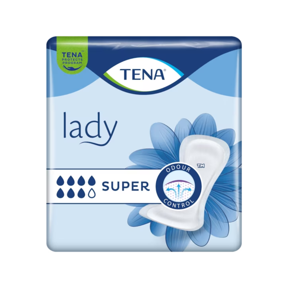 Förpackningen av TENA Lady Super inkontinensskydd | Förpackning (30 stycken) från TENA - Essity Germany GmbH är i blått och vitt. Framträdande element som orden "Lady" och "SUPER", sugdroppar, en blomgrafik samt termer som "Odour Control" gör det till det perfekta valet för alla som söker pålitligt inkontinensskydd inom ramen för TENA Protects-programmet.