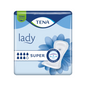 Förpackningen av TENA Lady Super inkontinensskydd | Förpackning (30 stycken) från TENA - Essity Germany GmbH är i blått och vitt. Framträdande element som orden "Lady" och "SUPER", sugdroppar, en blomgrafik samt termer som "Odour Control" gör det till det perfekta valet för alla som söker pålitligt inkontinensskydd inom ramen för TENA Protects-programmet.