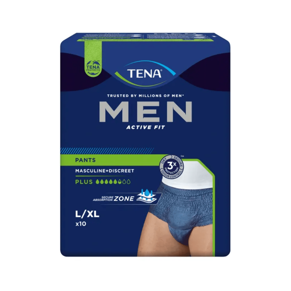 Bilden visar en förpackning TENA Men Active Fit Pants Plus inkontinensbyxor från Essity Germany GmbH. Den blå förpackningen med gröna markeringar visar att den innehåller 10 byxor i storlek L/XL, som är perfekt för behandling av urininkontinens. Framträdande egenskaper inkluderar den maskulina designen, den diskreta passformen och den höga absorptionsförmågan.