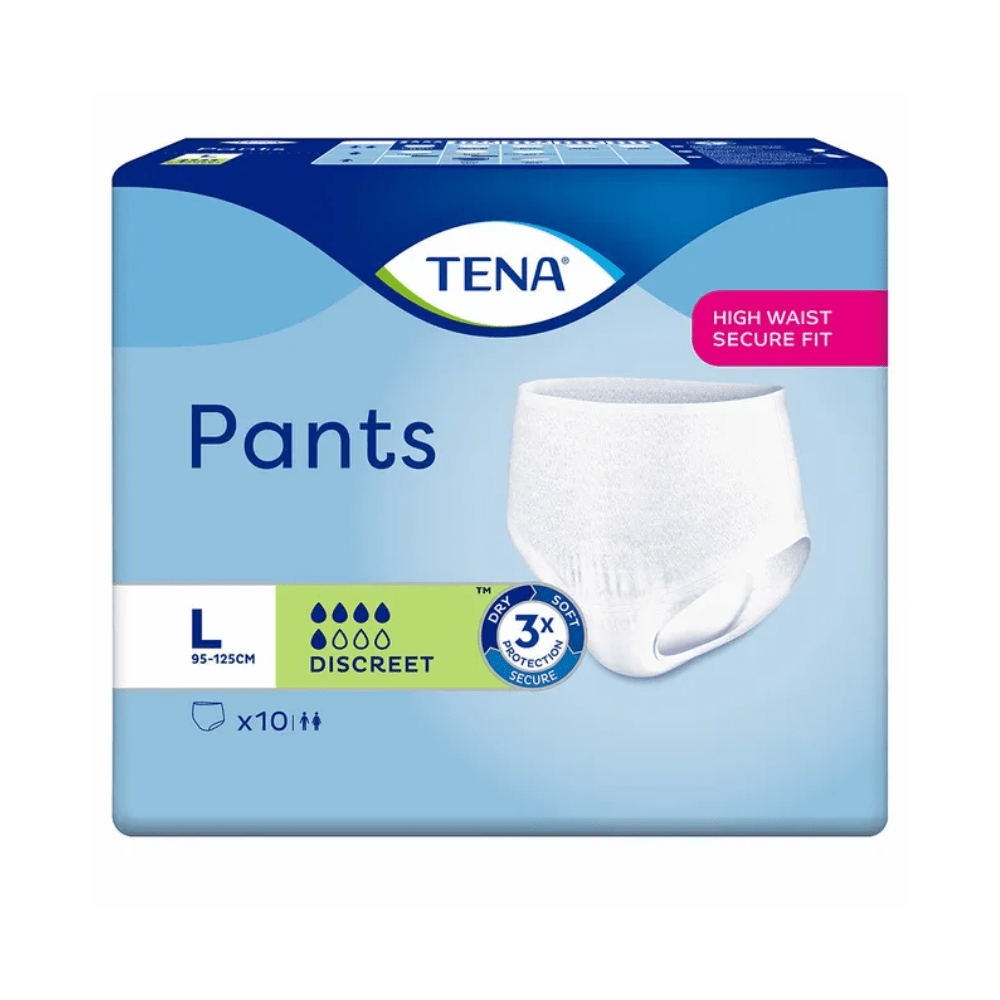 TENA Pants Discreet inkontinensbyxa från TENA – Essity Germany GmbH i storlek Large erbjuder en hög, säker passform. Förpackningen betonar dess diskreta design, inklusive 10 engångsbyxor (engångsunderkläder), med ett blå-vitt färgschema som framhäver dess absorptions- och säkerhetsfunktioner för behandling av blåsproblem.