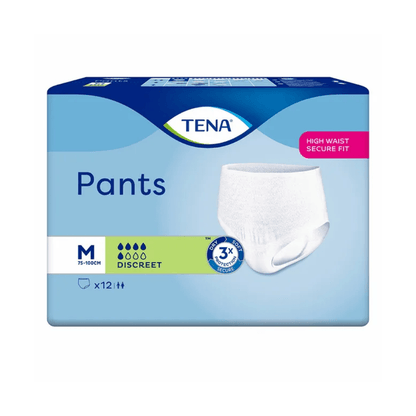 Bilden visar TENA Pants Discreet inkontinensbyxor, medium storlek, passande för midjemått 75-100 cm. Förpackningen är blå-vit designad med en produktbild som betonar "Diskret" och "High Waist Secure Fit". Det är en idealisk engångsunderklädeslösning vid urinläckage. Innehåller 12 stycken. Tillverkas av TENA – Essity Deutschland GmbH.
