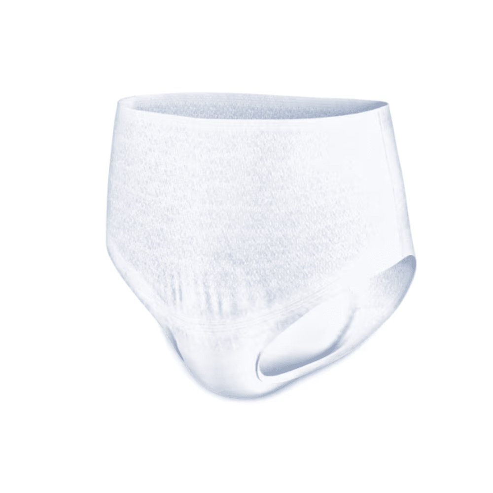 TENA Pants Plus ConfioFit inkontinensbyxor från Essity Germany GmbH presenteras mot en enkel bakgrund som framhäver deras vita färg och det elastiska midjebandet och benöppningen. Materialet verkar mjukt och absorberande och är både bekvämt och praktiskt. Dessa inkontinensbyxor erbjuder pålitligt skydd för personer med urinläckage utan att kompromissa med stilen.