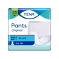 Die Verpackung der TENA Pants Original Plus Inkontinenzpants zeigt ein Bild dieser schützenden Inkontinenzhose und betont so ihre Saugfähigkeit. Das blau-weiße Design von TENA – Essity Germany GmbH, das sowohl für Männer als auch für Frauen geeignet ist, bekämpft Blasenschwäche effektiv mit Stil und Selbstvertrauen.