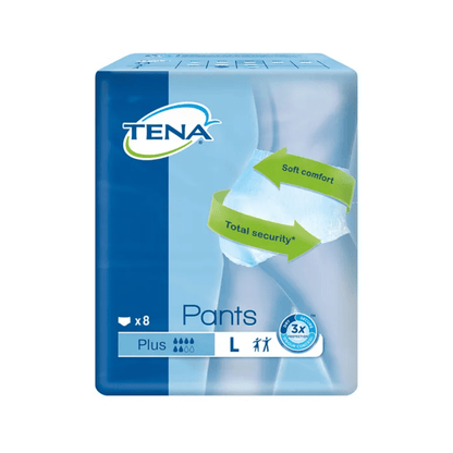 På förpackningen av TENA Pants Plus ConfioFit inkontinensbyxor i storlek L finns en bild av produkten där etiketter som "Mjuk Komfort" och "Total Säkerhet" lyfts fram. Detta paket från TENA – Essity Germany GmbH är perfekt för personer med urinläckage och innehåller 8 stycken. Den är utrustad med symboler som demonstrerar användning och absorptionsstyrka och säkerställer pålitligt skydd.