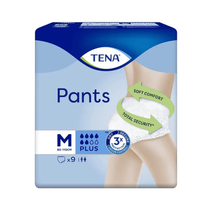 Bild av ett paket TENA Pants Plus ConfioFit inkontinensbyxor från TENA - Essity Germany GmbH, medelstorlek 80-110 cm, med Plus-absorptionsförmåga. Förpackningen visar en person som bär byxorna och betonar "Soft Comfort" och "Total Security" för ett effektivt skydd mot urinläckage. Innehåller 9 stycken.