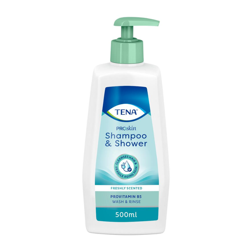 TENA Shampoo & Shower 500 ml från Essity Germany GmbH med grön pumpkork är idealisk för känslig hud. Dess fräscht doftande, med provitamin B5 berikade formula presenteras i en elegant vit förpackning med blå och gröna accenter.