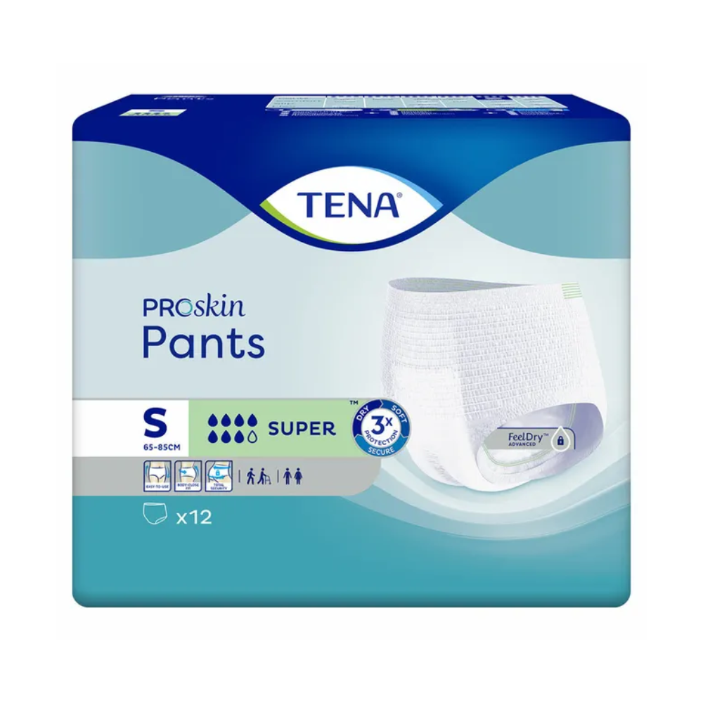 Verpackung für TENA - Essity Germany GmbH TENA ProSkin Pants Super Inkontinenzpants, Größe S, passend für Taillenumfang 65-85 cm. Die Verpackung wurde zur Behandlung von Blasenschwäche entwickelt und zeigt ein Bild der Inkontinenzpants, die mit der Saugstärke „Super“ gekennzeichnet sind und „x12“ Stücke enthalten. Der Hintergrund zeigt einen Farbverlauf aus Blau und Weiß.