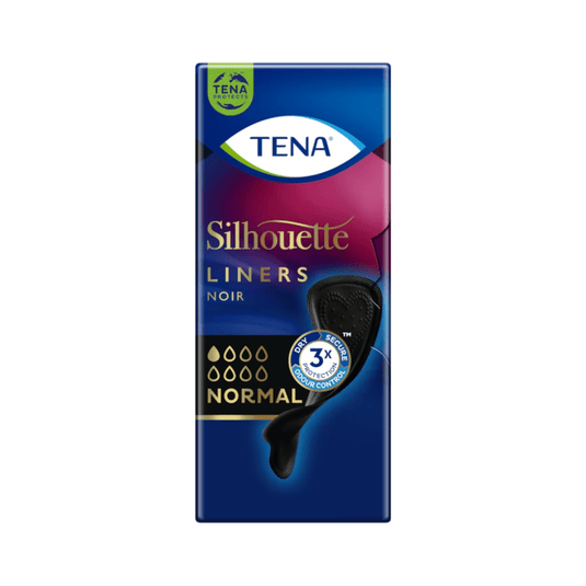 Förpackningen till TENA Silhouette Noir Normal troskydd, svart, har en elegant design och består av en mörkblå låda med rosa detaljer. På förpackningen syns TENA-logotypen och en bild av troskyddet, där absorptionsgraden ”Normal” och det tredubbla skyddet med 3x Fresh Odour Control framhävs.