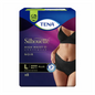 Packung mit TENA Silhouette Plus Noir Inkontinenzpants von TENA - Essity Germany GmbH. Das Bild zeigt den Bauch einer Frau, die diese diskrete Unterwäsche zum Schutz der Blase trägt. Auf der Packung ist die Größe Large (EU 44-54/UK 16-22) angegeben und sie enthält 8 Stück, die einen wirksamen Schutz bei Blasenschwäche bieten.