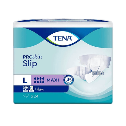 TENA Slip Maxi inkontinensskydd med höftband, tillverkat av TENA - Essity Germany GmbH, erbjuder med sin Maxi-absorptionsförmåga ett exceptionellt läckageskydd. Förpackningen innehåller produktbilder som framhäver funktioner som fuktindikatorer, andningsbart material och luktkontroll. Denna storförpackning innehåller 24 enheter som är anpassade till dina inkontinensbehov.