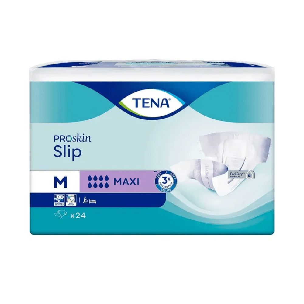 Förpackningen av TENA Slip Maxi inkontinensskydd med höftband från TENA – Essity Germany GmbH visar tydligt en blå design med vita accenter och en bild av inkontinensskyddet för vuxna. Den medelstora storleken är märkt med ett 'M' och innehåller ett paket med 24 skydd som erbjuder pålitligt läckageskydd för hela dagen.