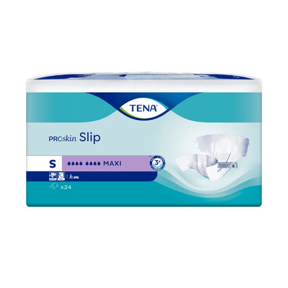 Avbildad är förpackningen för TENA Slip Maxi inkontinensskydd med höftband från TENA – Essity Germany GmbH. Etiketten anger storleken Small (S) och maximal absorptionsförmåga och visar en bild av produkten med läckageskydd. Den innehåller 24 stycken och är huvudsakligen blå-vit designad.