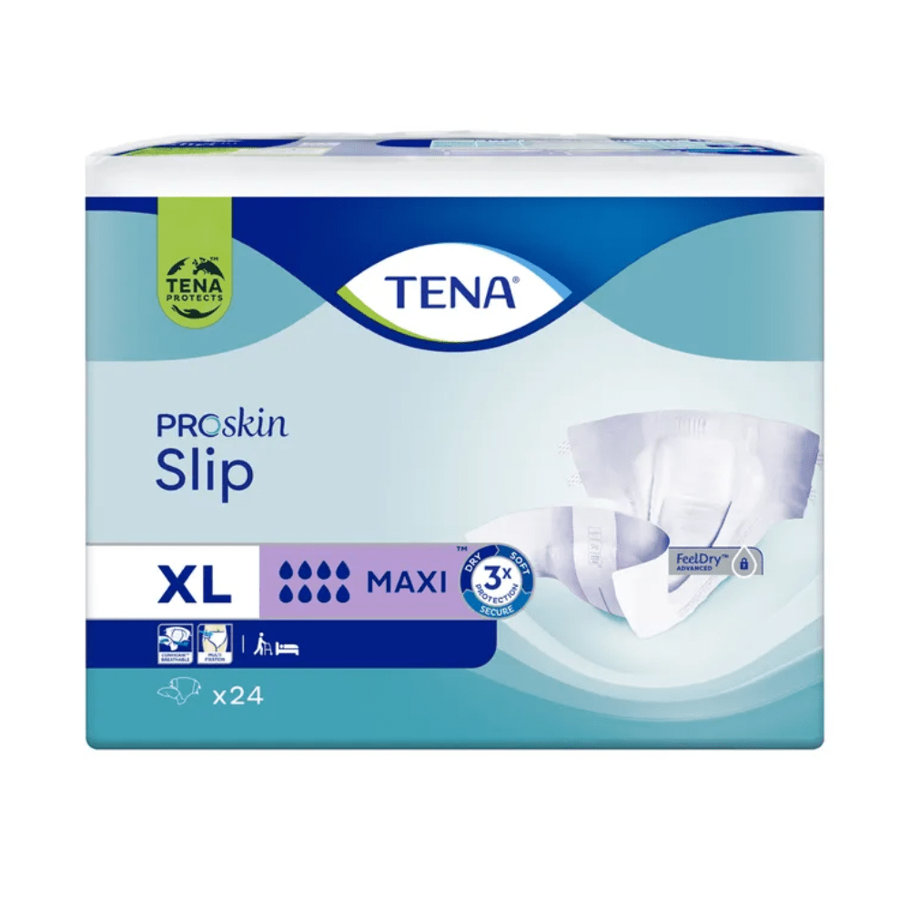 En förpackning TENA Slip Maxi inkontinensskydd med höftband, erbjuds av TENA - Essity Germany GmbH i XL-storlek, erbjuder 'Maxi' absorptionsförmåga och inkluderar 'FeelDry'-teknologin. Den är utrustad med läckageskydd för extra säkerhet och innehåller 24 stycken per förpackning. Förpackningen är designad i ett blå-grönt färgschema med blöjbilder.