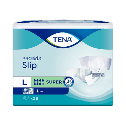 Bilden visar en förpackning TENA Slip Super inkontinensskydd med höftband, storlek Large. Den blå-vita förpackningen indikerar absorptionsstyrkan 'Super' och innehåller 28 stycken. De viktigaste egenskaperna inkluderar ett läckageskydd för att skydda mot fukt och förbättrad bärkomfort, vilket gör dem till ett utmärkt val för inkontinensvård.