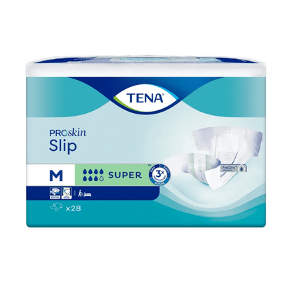 Förpackningen av TENA Slip Super inkontinensskydd med höftband, tillgänglig i storlek M, utmärker sig med en elegant blå-vit design med visuella accenter som framhäver den avancerade 3x-torrhetsteknologin. Denna förpackning med 28 stycken lovar överlägset läckageskydd för trygghet och komfort, med vänlig tillåtelse från TENA - Essity Germany GmbH.