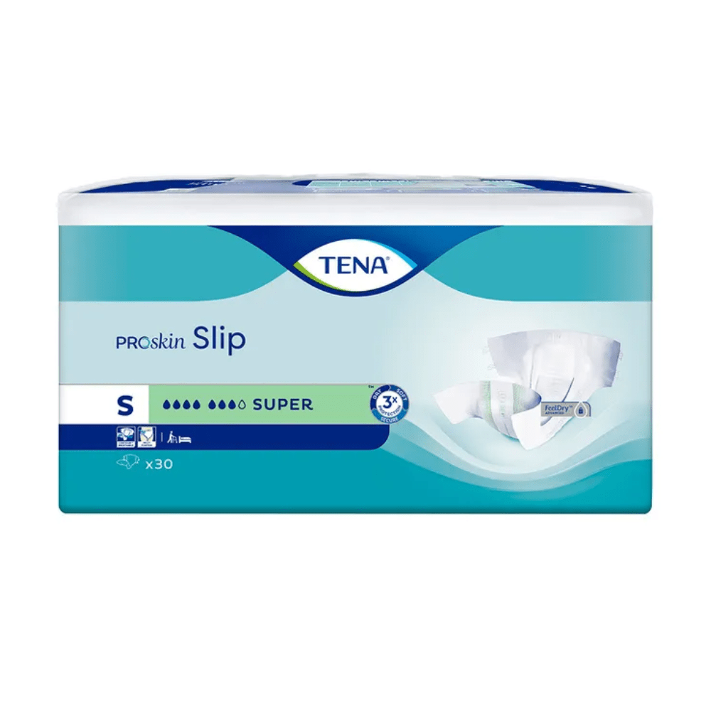 Förpackningen av TENA Slip Super inkontinensskydd med höftband, storlek Small, framhäver läckageskyddet genom en produktbild och en text med angivelse av antal 30 stycken. Designet kännetecknas av framträdande blå och gröna toner.