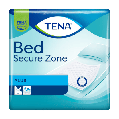 Förpackningen TENA Bed Plus från TENA - Essity Germany GmbH visar en madrass med en inkontinensskydd och är försedd med den blå-vita TENA-logotypen och produktbeskrivningen.