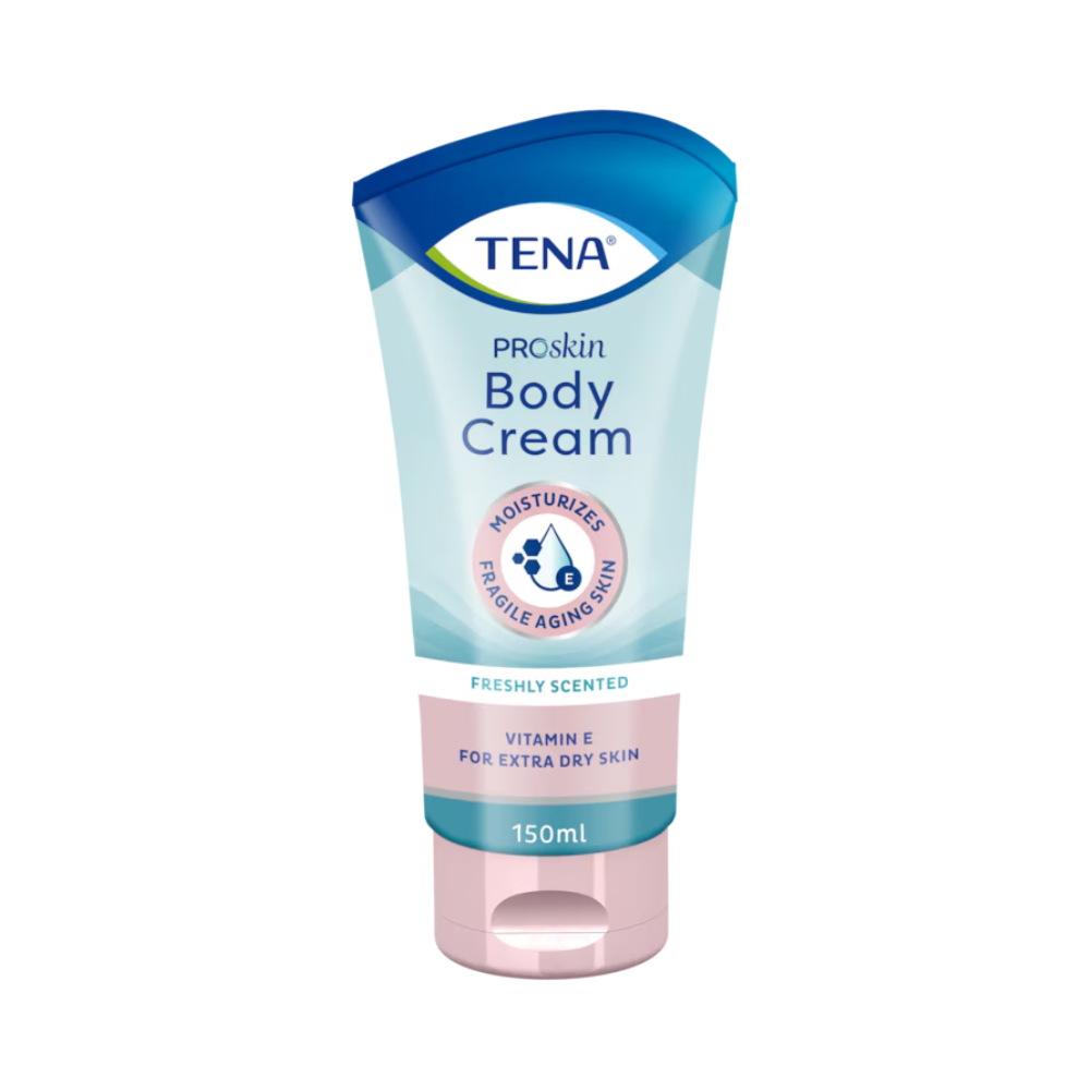 En 150 ml tub TENA ProSkin Body Cream erbjuds i en ljusblå förpackning med mörkblått lock. Den med naturliga oljor och vitamin E berikade formeln återfuktar känslig åldrande hud, lugnar torr hud och ger samtidigt en frisk doft. Produkten distribueras under varumärket TENA av Essity Germany GmbH.