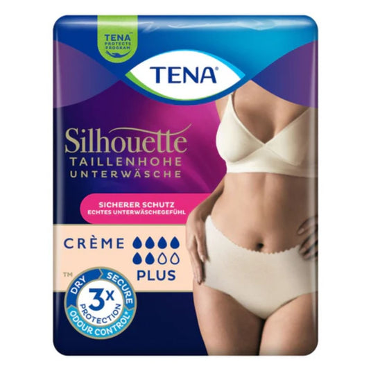 En förpackning med TENA Silhouette Plus Creme inkontinenstrosor från TENA – Essity Germany GmbH, avbildad med en kvinna som demonstrerar produkten. Förpackningen erbjuder säkert skydd, tredubbel luktkontroll och extra absorptionsförmåga vid urininkontinens.
