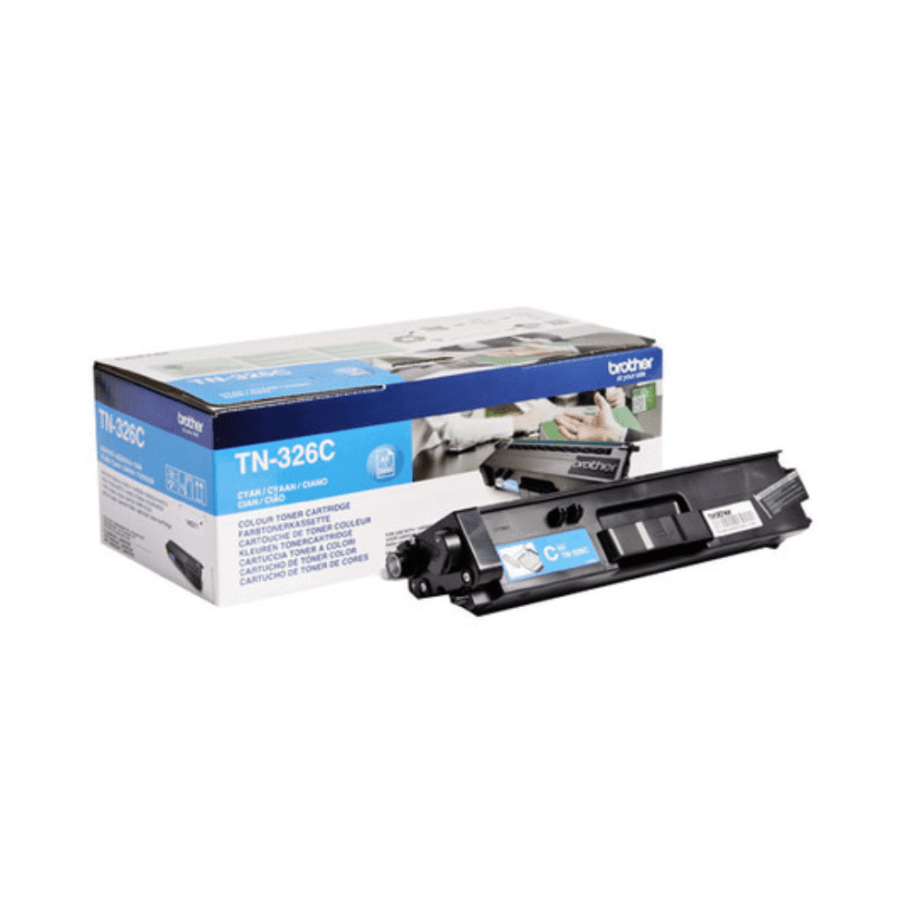 En cyan tonerkassett från Brother Toner för Brother HL-L8250/MFC-L8600 bredvid förpackningslådan som innehåller bilder och produktspecifikationer.