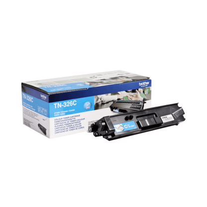 En cyan tonerkassett från Brother Toner för Brother HL-L8250/MFC-L8600 bredvid förpackningslådan som innehåller bilder och produktspecifikationer.