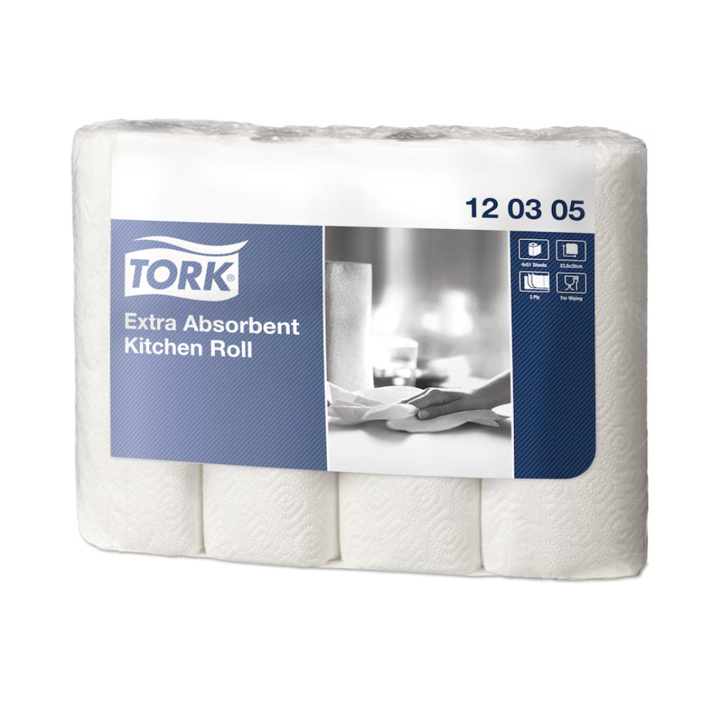 En låda Tork 120305 extra-absorberande köksrulle Premium 3-lagers, tillverkad av TORK – Essity Professional Hygiene Germany GmbH, innehåller 48 rullar. Den övervägande vita förpackningen med blåa inslag visar en produktbild, en logotyp och användningssymboler. Etiketten "120305" betonar den extra absorberande designen.