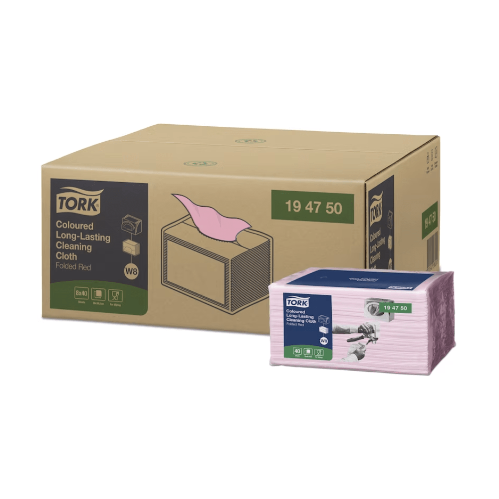 Utställd är en Tork 194450 kartong som innehåller åtta paket med hållbara, färgade rengöringsdukar. Varje paket innehåller bilder och detaljer som lyfter fram de rosa, multifunktionella dukarna från TORK – Essity Professional Hygiene Germany GmbH, designade för långvarig användning.