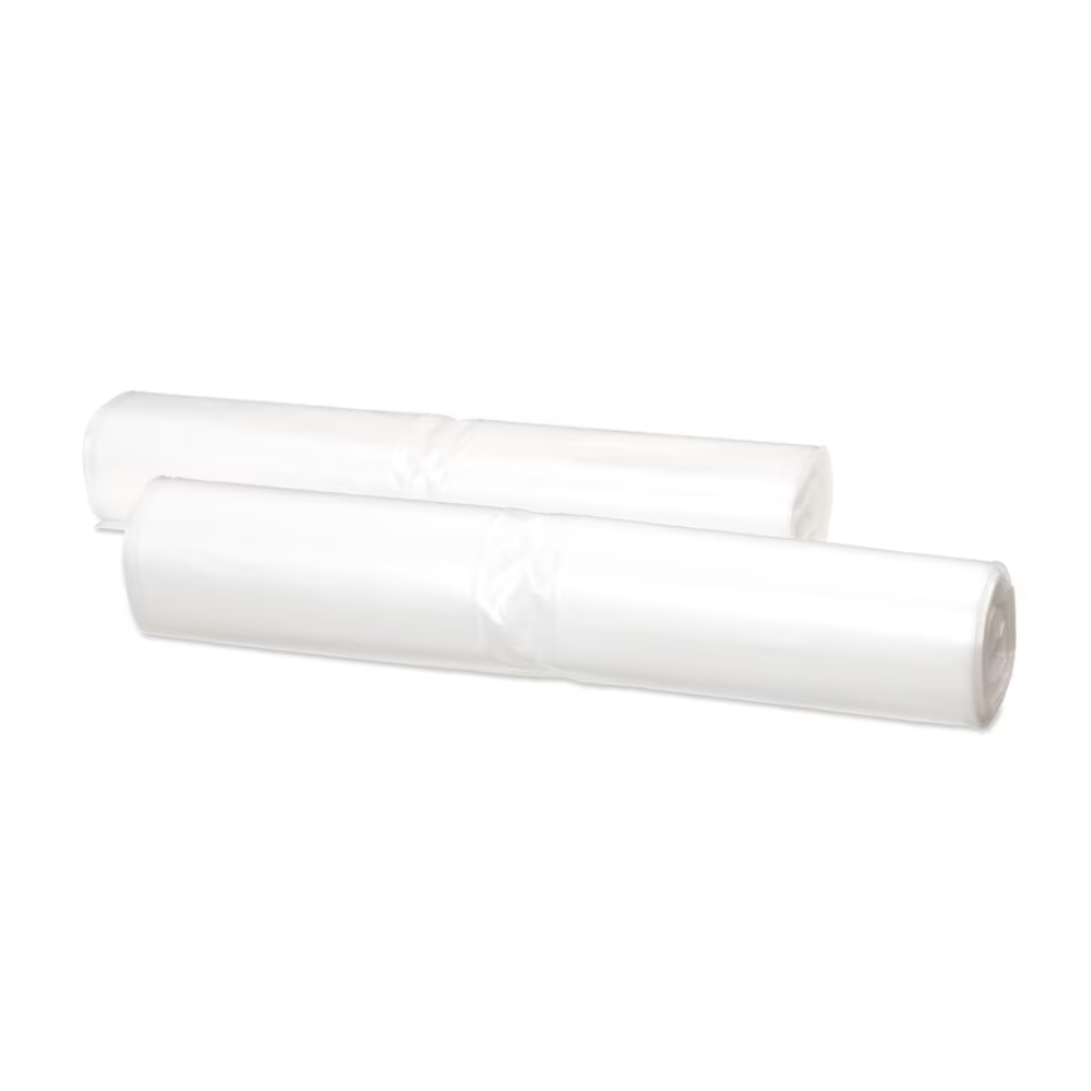 Två rullar transparenta Tork 204060-soppåsar av återvunnet material placeras sida vid sida mot en enkel vit bakgrund.