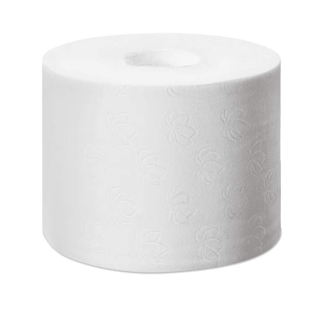 En stor, cylindrisk rulle Tork 472139 Optiserve extra mjukt Premium T7 hylslöst Midi-toalettpapper med ett fint blommönster syns till synes oanvänd på en vit bakgrund.