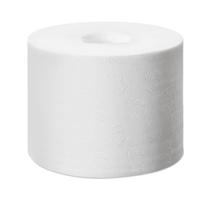 En stor, cylindrisk rulle Tork 472139 Optiserve extra mjukt Premium T7 hylslöst Midi-toalettpapper med ett fint blommönster syns till synes oanvänd på en vit bakgrund.