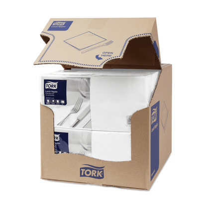 I en kartong finns Tork 477149 lunchservetter Vit Advanced 1/4-vikning 2-lager. I den öppna lådan hittar du snyggt förpackade vita, tvålagers lunchservetter. Den miljövänliga förpackningen visar tydligt Tork-logotypen och varumärket från Essity Professional Hygiene Germany GmbH.