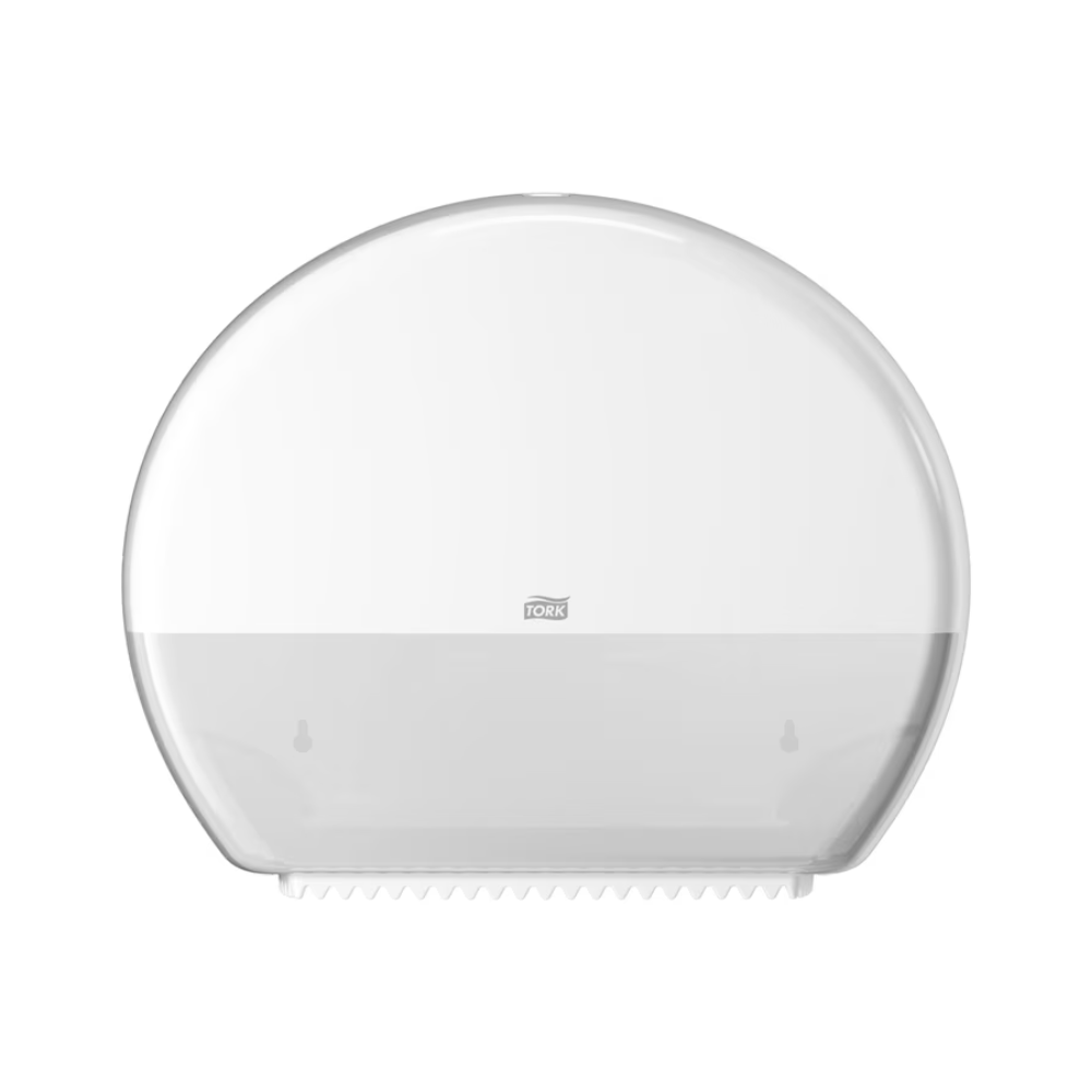 Tork 554000-dispensern för jumbo-toalettpapper Elevation T1 från Essity Professional Hygiene Germany GmbH är en rund, vit plastdispenser för jumbo-toalettpapper med en genomskinlig nedre halva, idealisk för toaletter med hög besökstrafik. Dess släta yttre har en liten logotyp i mitten, vilket möjliggör enkel övervakning av pappersnivån inuti.