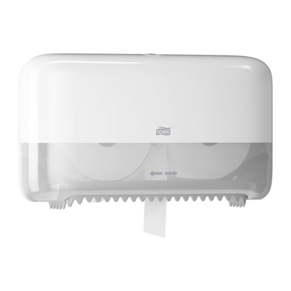 Der Tork 558040 Doppelrollenspender für hülsenloses Midi Toilettenpapier Elevation T7 von TORK - Essity Professional Hygiene Germany GmbH verfügt über ein weißes Design mit einem durchscheinenden unteren Teil, der im Inneren zwei Rollen Midi Toilettenpapier freigibt. Der Spender ist unten mit einer gezackten Kante zum einfachen Abreißen ausgestattet und unterstreicht den umweltfreundlichen Aspekt Ihres Badezimmers.