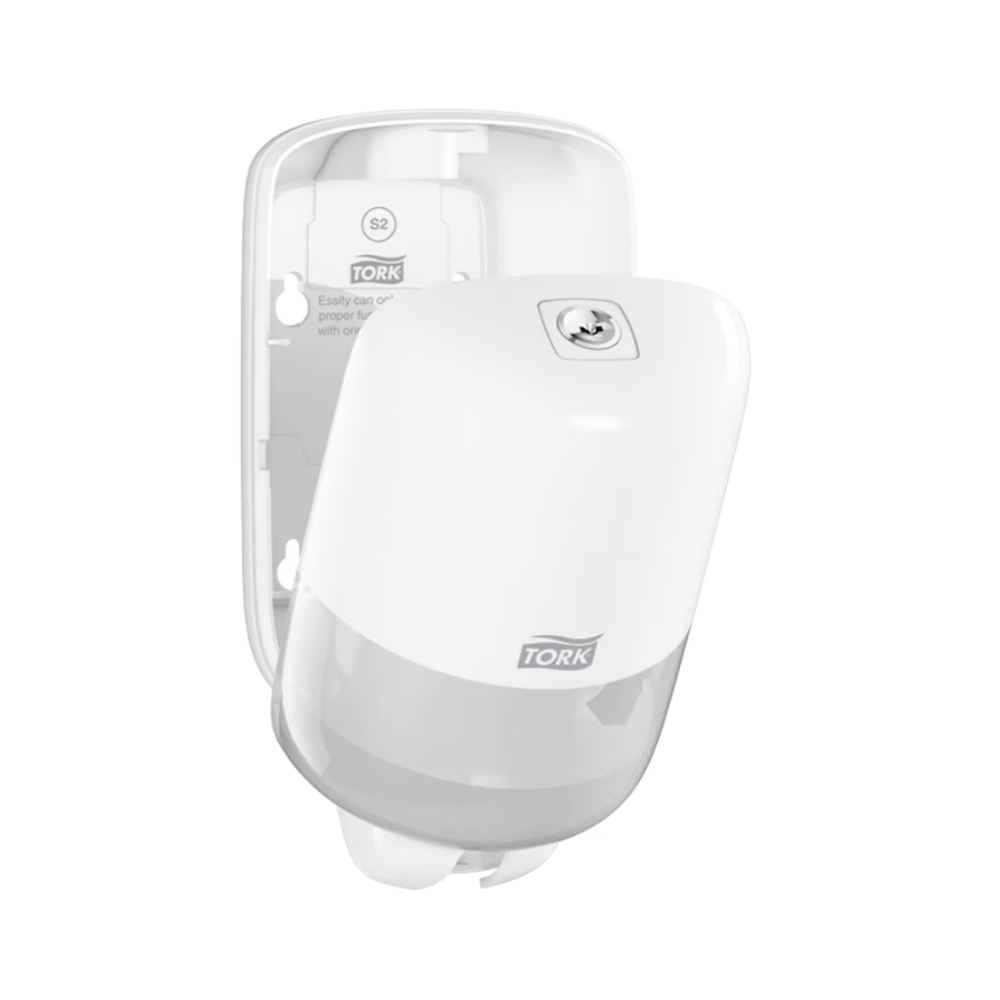 Der Tork 561000 Mini Spender für Flüssigseife Elevation S2 von TORK - Essity Professional Hygiene Germany GmbH ist ein eleganter weißer Wandspender mit offener Frontabdeckung im eleganten Elevation Design. Er verfügt über ein Schloss und ein Logo auf der Vorderseite und eignet sich daher perfekt zum effizienten Aufbewahren und Ausgeben von Flüssigseife-Hygieneprodukten.