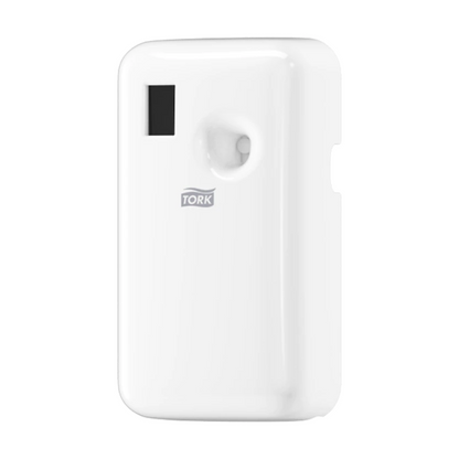 Tork 562000 dispenser för luftrenare spray A1 från TORK – Essity Professional Hygiene Germany GmbH är en vit dispenser med slank, rektangulär design och svart displayområde. Den har ett aerosolsystem med en liten rund öppning för doftavgivning, kompletterat med en elektronisk styrning för optimal prestanda.