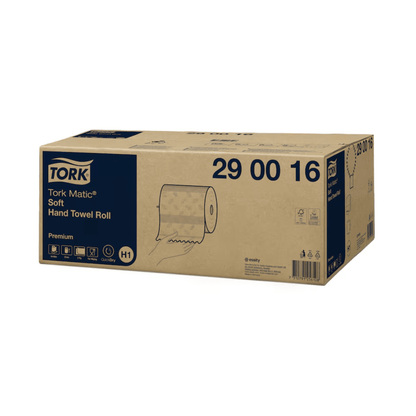 En kartong med Tork Matic® 290016 mjuk rullhandduk Premium H1 2-lager | Kartong (6 rullar) från TORK – Essity Professional Hygiene Germany GmbH, med framträdande produktspecifikationer och QuickDry™-symboler för att lyfta fram premiumkvaliteten.