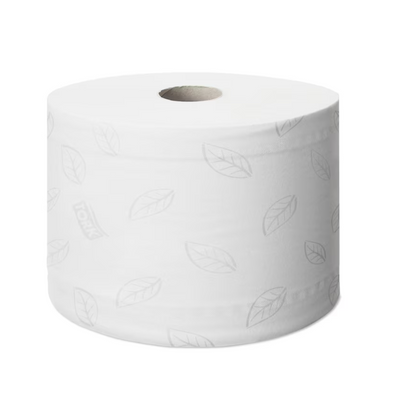 Eine Tork SmartOne® Toilettenpapierrolle mit einem dezenten dekorativen Blattmuster wird vor einem schlichten Hintergrund präsentiert. Dieses Produkt von TORK – Essity Professional Hygiene Germany GmbH bietet hygienische Einzelblattentnahme und stellt sicher, dass jedes Blatt unberührt und intakt bleibt.