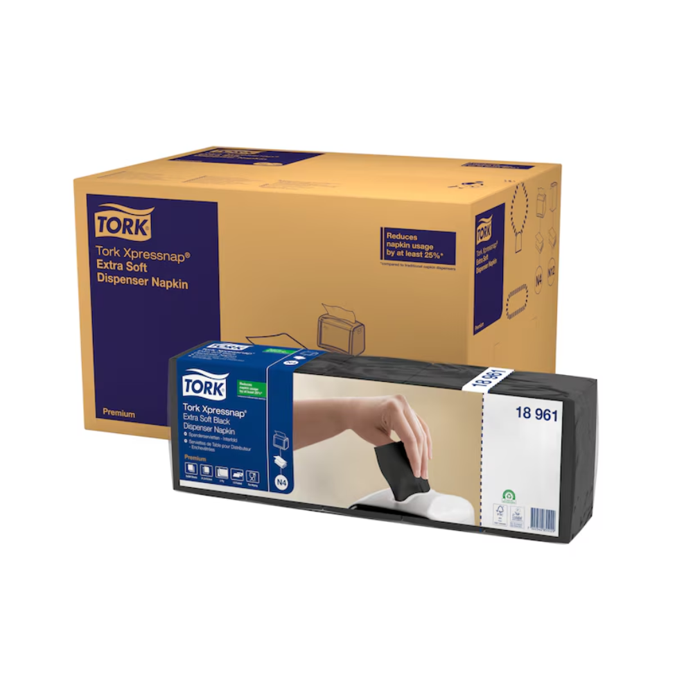 Bild av Tork Xpressnap® 15850 Extra Soft Dispenser Servett N4 2-lager förpackning. Till vänster visar en brun låda med blå etikett produktdetaljer. Till höger visar en mindre förpackning en hand som drar en Extra Soft Dispenser Servett från en dispenser och demonstrerar hur den hjälper till att minska servettförbrukningen. Produkten erbjuds av TORK – Essity Professional Hygiene Germany GmbH och levereras i en kartong med 8 förpackningar.