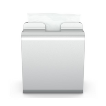 Der aus Aluminium gefertigte Tork Xpressnap® 274002 Serviettenspender von Essity Professional Hygiene Germany GmbH zeigt vor einem schlichten weißen Hintergrund ein einzelnes elegant herausgezogenes weißes Tuch – ideal für Selbstbedienungsrestaurants.