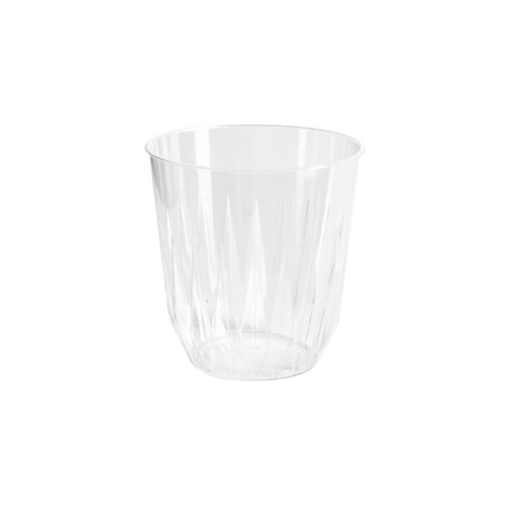 Ett transparent dricksglas Diamond 250 ml från Duni GmbH med fasetterad design och slät kant står tomt mot en enkel vit bakgrund och är redo för din favoritkalla dryck. Förpackning (30 stycken).