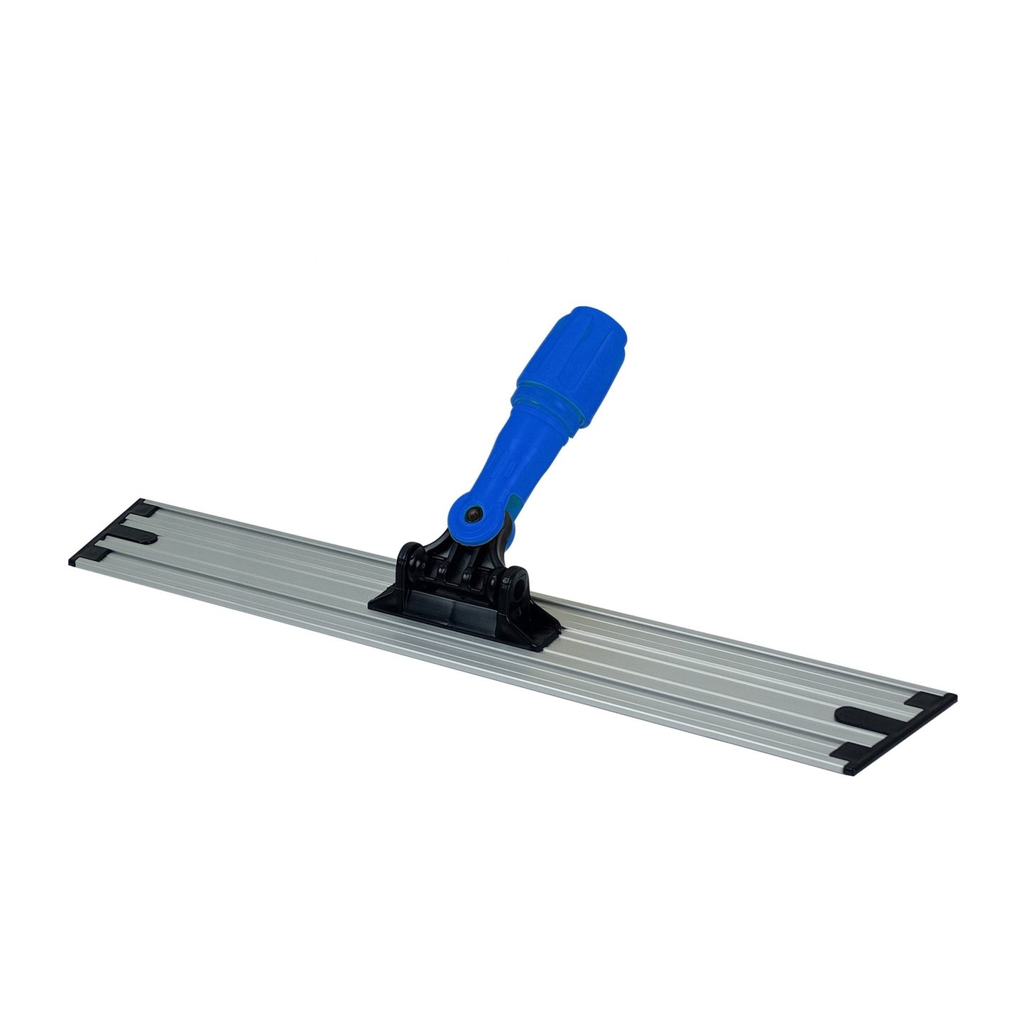 Den Arcora Ultra Velcro kardborremopphållaren Aluminium från Arcora International GmbH har en lång, platt, silverfärgad aluminiumfot med blå och svarta accenter och en plastsvivel för skaftfäste - idealisk för professionell golvrengöring, här i vitt.