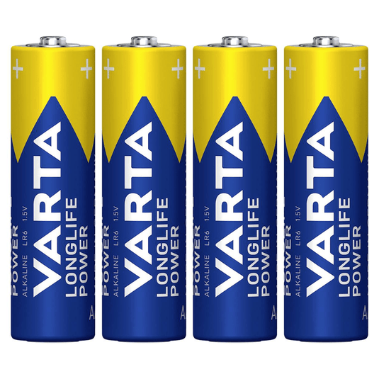 Fyra Varta AG Industrial Pro Mignon AA-batterier uppradade vertikalt, med blå och gula märkesetiketter.