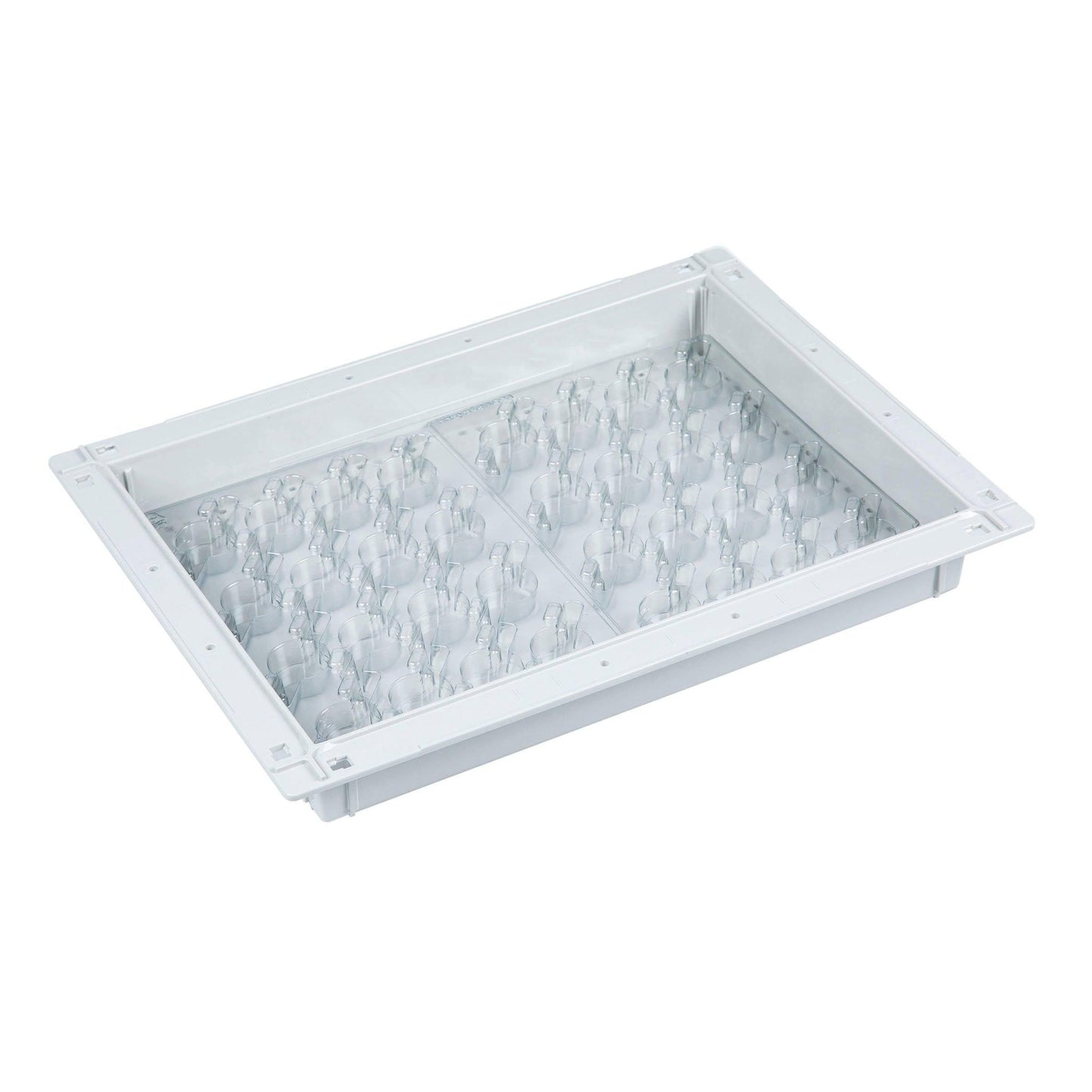 Novocal-fördelarmodulen är en robust vit ABS-bricka (300x400x50mm) med runda fack och genomskinliga hållare, som är utformad för 4 Bewo-förpackningar. Kompatibel med Bewo-förpackningssystem. Märke: Novocal.
