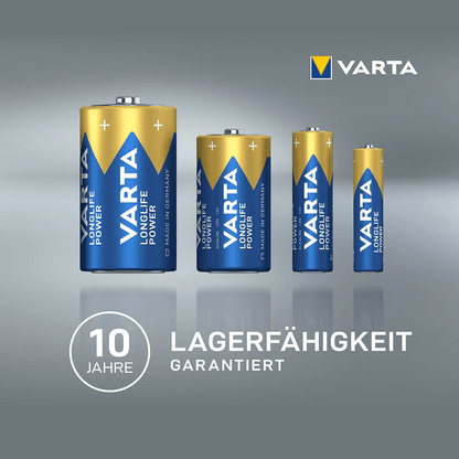 På grå bakgrund visas fyra Varta AG Longlife Power 9V E-Block 4922 MN1604-batterier i olika storlekar, under en grafik med texten "10 års lagringskapacitet garanterad".