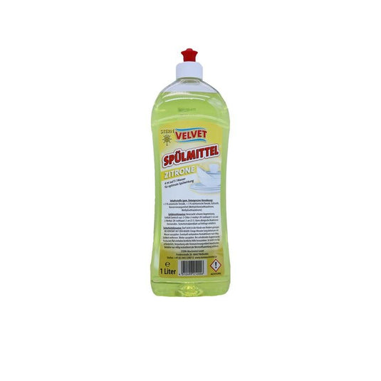 En 1-liters plastflaska med diskmedel från Velvet, gul, av Stern Waschmittel GmbH med rött flip-top-lock och gul etikett med produktinformation på tyska.