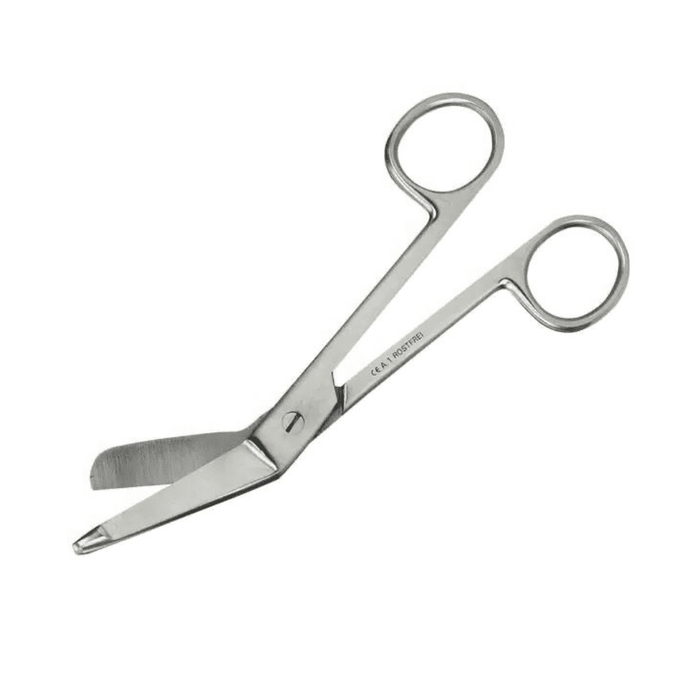 En förbandsax enligt Lister från Servoprax GmbH med blad av rostfritt stål och runda handtag. Denna sterila förbandsax är utrustad för säker klippning med en trubbig spets på ett blad och är idealisk för precis och hygienisk användning i olika medicinska miljöer.