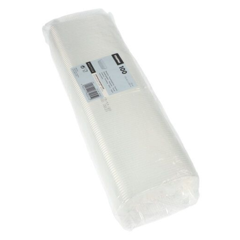 En förseglad förpackning med 100 Starpak förpackningsbägare PP rektangulär 125 ml transparent har en etikett med mängd och detaljer. Bägarna är prydligt staplade och synliga genom den transparenta förpackningen.